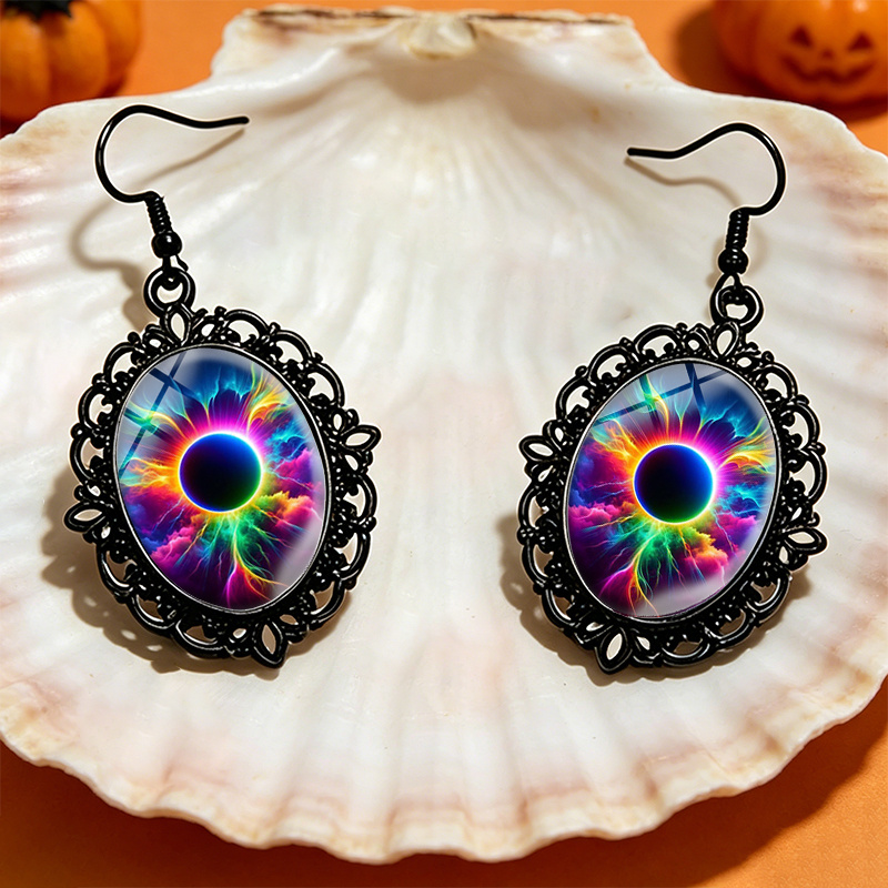 Rainbow Solar Eclipse Oval Earrings, Festive Jewelry Gift